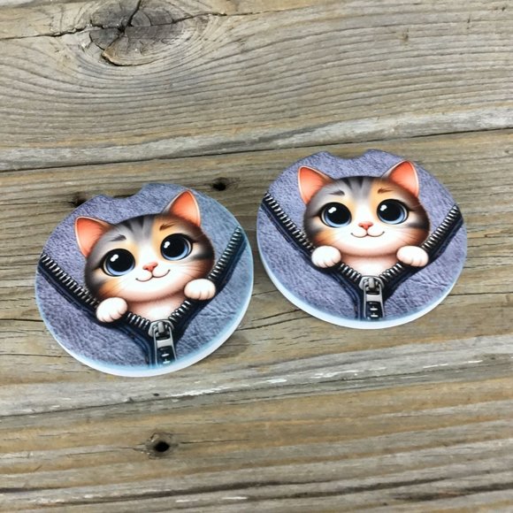 Cat Peek-a-Boo Zipper Car Coasters Set of 2 - Picture 3 of 7